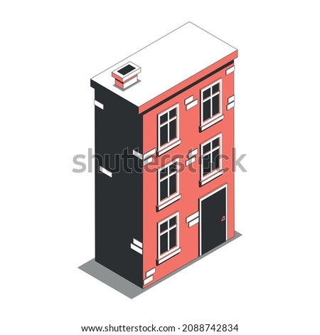 Metropolis isometric composition with isolated image of two storey brickwall house vector illustration