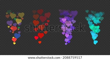 Live like stream social network reactions. Set of colorful vector flying away hearts for chat or online video feedback on transparent background. Web ui elements. Floating symbols of different size Royalty-Free Stock Photo #2088759517