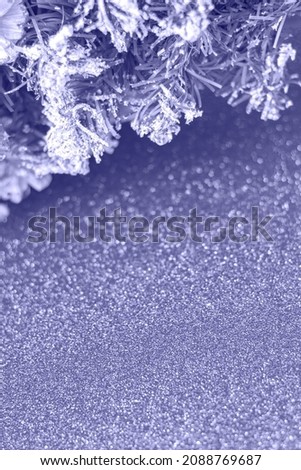 Decorative snow-covered spruce branch on a glitter background tinted in the color of the year 2022 very peri, copy space for text, selective focus