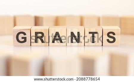 grants word written on wooden cubes standing in a row. around the blocks with letters on a light background. can be used for business and financial concepts. selective focus