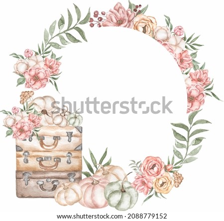 Vintage Flowers and suitcases wreath Clipart, Watercolor Autumn decor frame illustration, Pumpkin border, Thanksgiving Day Clip art, old bags, Card making, Logo design