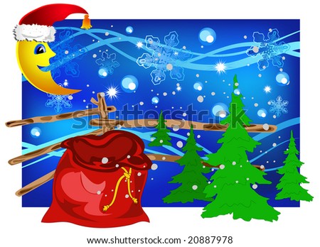 Winter landscape with month and fur-tree, New Year's vector illustration