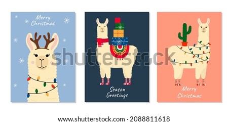 Set of Christmas greeting cards with cute llama. Template for nursery, poster, Christmas, birthday greeting card, invitation. 