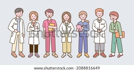 People in doctors uniforms. Little cute face character. outline simple vector illustration.