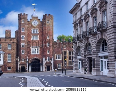 Looking south on St. James Street towards the central tower of St. James Palace Royalty-Free Stock Photo #2088818116