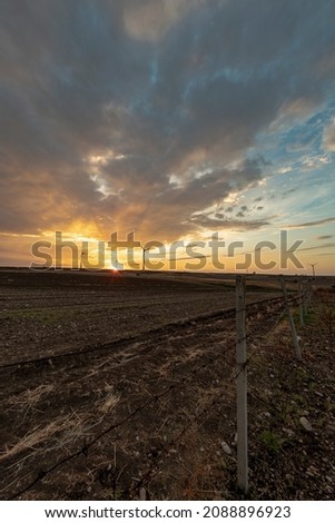 Countryside landscape at sunset with wind turbines in operation