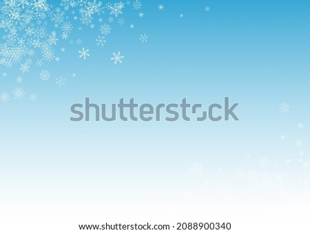 Silver Snow Vector Blue Background. Light Snowflake Card. White magic Pattern. Fantasy Snowfall Transparent.