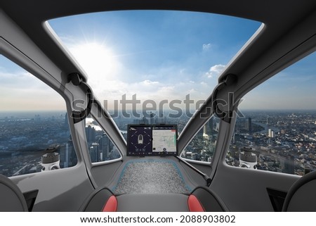 Autonomous driverless aerial vehicle flying on city background, Future transportation with 5G technology concept Royalty-Free Stock Photo #2088903802