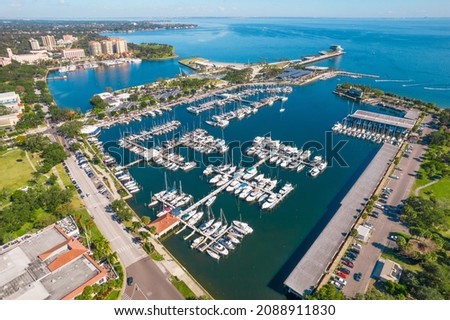 St Petersburg Florida city downtown. State Florida. Gulf of Mexico. Panorama of St Pete FL pier and park. View on dock for sailboat, yacht or boat parking. Aerial photography
