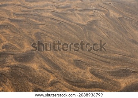 Amazing natural sand pattern made by wind and water on a sandy beach. Unique design for creative purpose. Design background. Random shapes on a dark and light sand surface