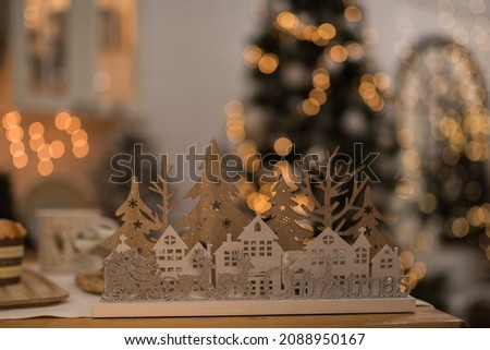 Wooden lettering Christmas, lettering Christmas on bokeh background