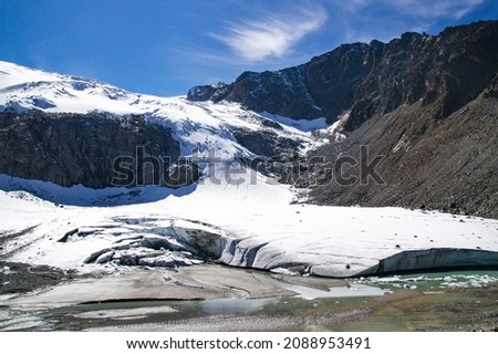 A small glacier in the high mountains, melted by climate change. A Summer picture.
