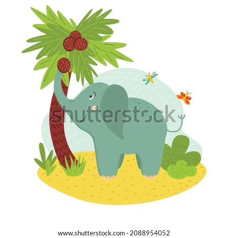 Cute happy elephant playing with coconut in jungle. Vector illustration with texture for prints, cards, posters, kids design. Simple shapes for your design
