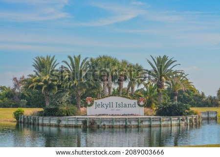 The Jekyll Island Sign for this Barrier Island in Glynn County, Georgia Royalty-Free Stock Photo #2089003666