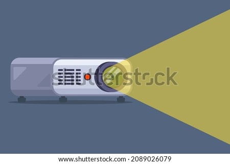 a projector is working in a dark room and showing a movie. flat vector illustration. Royalty-Free Stock Photo #2089026079