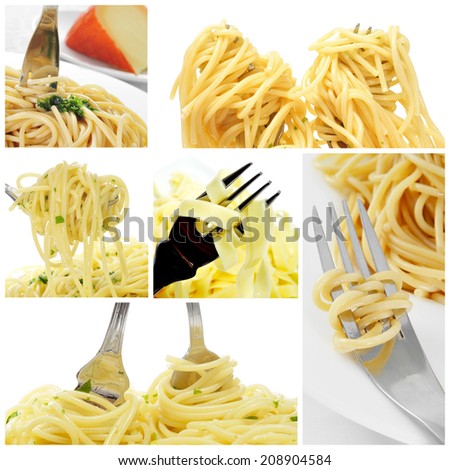 a collage of some pictures of different type of long pasta, such as spaghetti or fettuccine