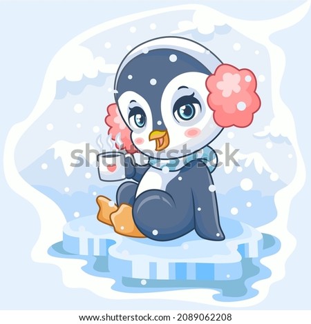 Cartoon cute penguin sitting drinking coffee on ice cube isolated north pole view