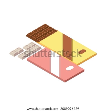 Chocolate production isometric composition with isolated images of bars of white and milk chocolate vector illustration