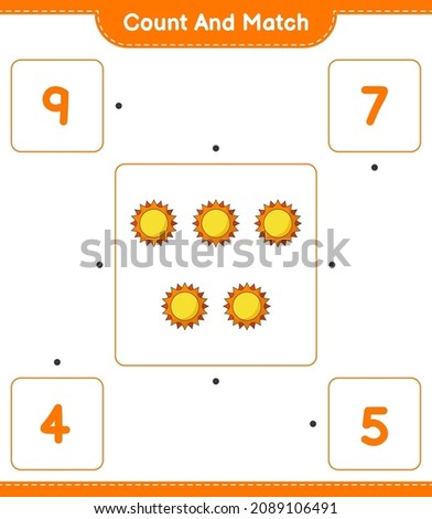 Count and match, count the number of Sun and match with the right numbers. Educational children game, printable worksheet, vector illustration