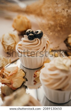 bright beautiful cupcake with blueberries on a background of dried flowers, mirror reflection from below