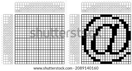 At Sign Nonogram Pixel Art, , At A Rate Of, Email Addresses, Commercial At, Address Sign, Symbol, Vector Art Illustration, Logic Puzzle Game Griddlers, Pic-A-Pix, Picture Paint By Numbers, Picross