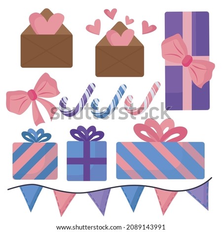 vector festive set for birthday or Valentine's Day in pastel colors. A clipart of gift boxes, garlands, envelopes, letters, a bow and caramel canes in a flat style isolated on a white background