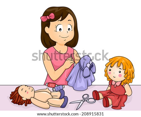 Illustration of a Girl Sewing Clothes for Her Dolls
