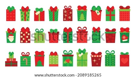 Gift boxes, presents isolated on white. Colorful wrapped. Collection for Christmas. For Vector  flat design.