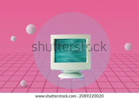Glitch on retro computer screen in collage of vaporwave on pacific pink background. Minimal futuristic retrowave concept. Royalty-Free Stock Photo #2089220020