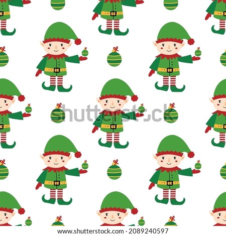 Christmas elf character in green costume and christmas ornaments vector seamless pattern background for winter holidays design.