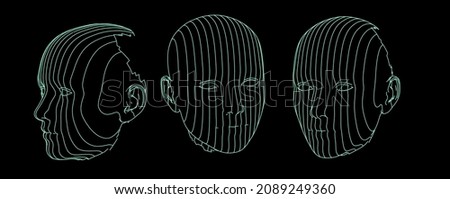 3D wireframe of a human head on dark background. Concept for Artificial intelligence and Neural Networks themes.