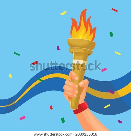 Olympics Games Torch, Flame. A hand with ribbons holds the torch on a blue background