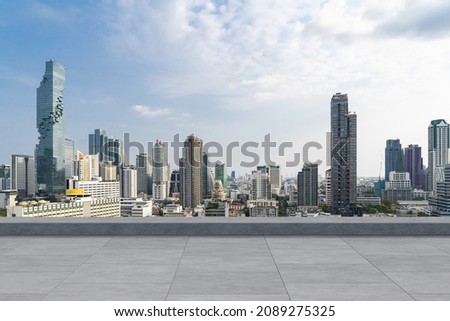 Panoramic Bangkok skyline view, concrete observatory deck on rooftop, daytime. Luxury Asian corporate and residential lifestyle. Financial city downtown, real estate. Product display mockup empty roof Royalty-Free Stock Photo #2089275325