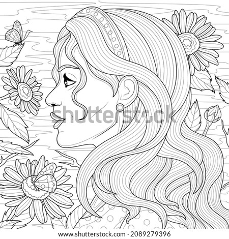 Girl in profile among the daisies.Coloring book antistress for children and adults. Illustration isolated on white background.Zen-tangle style. Hand draw