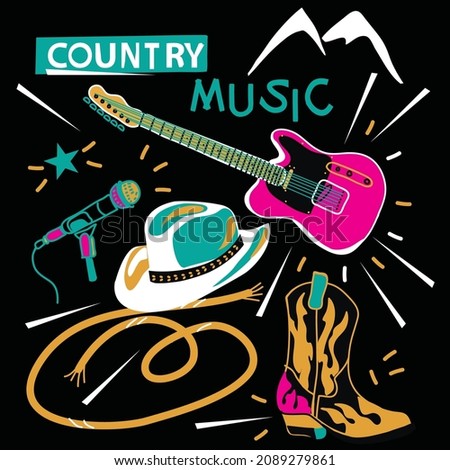 card with country music concept, guitar, cowbow hat and boot, vector design for paper, fabric and other surface