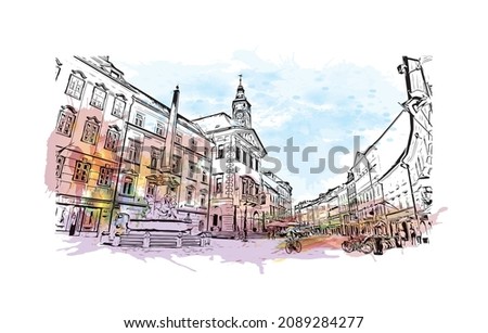 Building view with landmark of Ljubljana is the 
capital in Slovenia. Watercolor splash with hand drawn sketch illustration in vector.