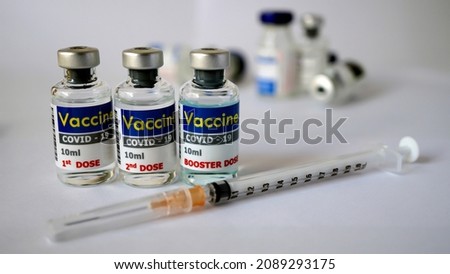 Basic fomulars 3 step for anti covid-19 virus.first does,second dose and booster dose. Corona virus vaccine in glass bottle.Corona virus,mRNA type Vaccine.Viral Vector vaccine type.Inactivated Vaccine Royalty-Free Stock Photo #2089293175