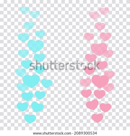 A set of likes in the live stream is a flying up icon heart. The likes user counter for online videos. Blue and pink hearts in fashionable pastel colors. Vector illustration for social media bloggers.
