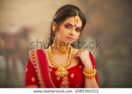 Beautiful Indian woman in traditional dress and jewelry. Royalty-Free Stock Photo #2089306312