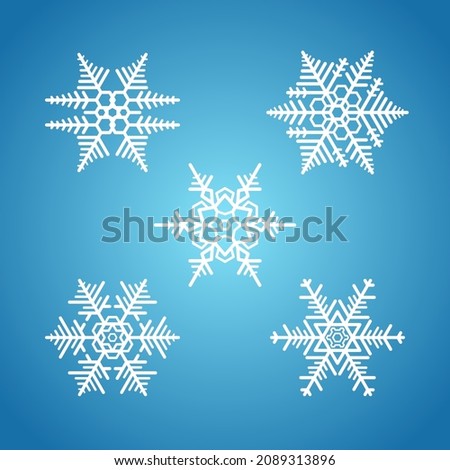 Collection of 5 snowflake icon patterns. Abstract blue background image. Element design for logo, symbol, banner, card, cover, poster, tile, wall. Vector illustration.