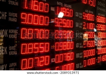 Money exchange rates digital board with red numbers