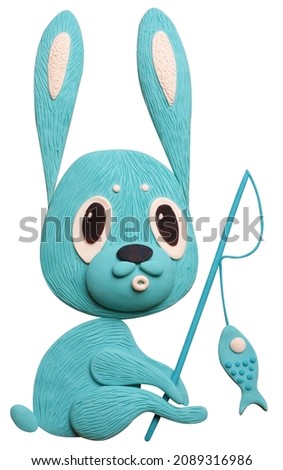 
blue plasticine rabbit on a white background, fisherman with fish