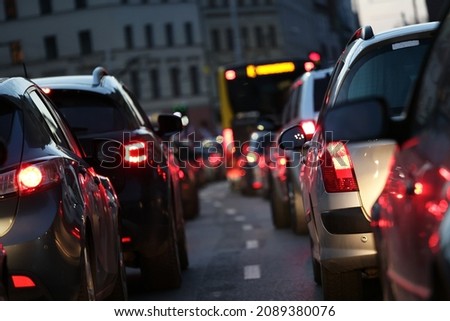 12.04.2021 wroclaw, poland, Cars are parked in traffic during the evening rush hour in the city. Royalty-Free Stock Photo #2089380076