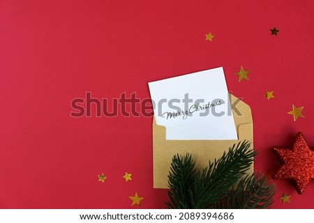 Christmas letter, greeting card. holiday background. Top view, copy space