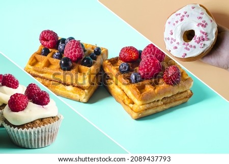A set of pictures of colorful desserts. Bright donuts, cupcakes and soft waffles with berries on a colored background, a collage of confectionery
