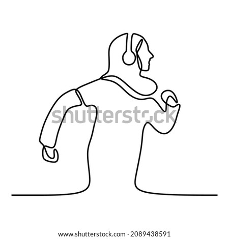 woman wearing hijab use headphone oneline continuous single line art