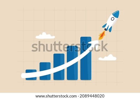 Exponential growth or compound interest, investment, wealth or earning rising up graph, business sales or profit increase concept, financial report graph with exponential arrow from flying rocket.