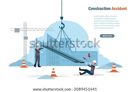 Accident at construction site. Steel plate falling on workers when using crane moving. Accident awareness and unsafe workplace in construction industry concept Royalty-Free Stock Photo #2089451641