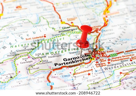 Close up of  Garmisch Partenkirchen , Austria  map with red pin    - Travel concept