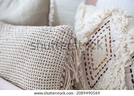 Cushion Pillows Interior Home Design, Coastal Neutral Toned Pillows and Cushions. Detail threes cushion and pillows in bedroom staging design. Home Bedroom Inspiration, coastal toned pillows Royalty-Free Stock Photo #2089490569